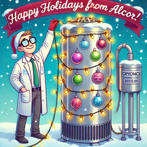 DALL·E-2024-12-23-11.27.29-A-joyful-cartoony-wide-illustration-for-a-holiday-newsletter-for-a-cryonics-company.-The-image-features-a-tall-cylindrical-cryonic-dewar-fully-decor