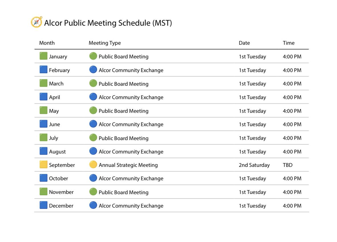 Alcor Public Meeting Schedule